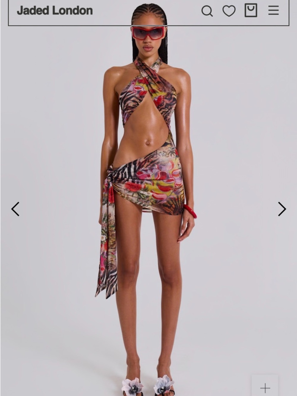 Jaded London Gina Asymmetric Knotted Mini Dress in Fruiti